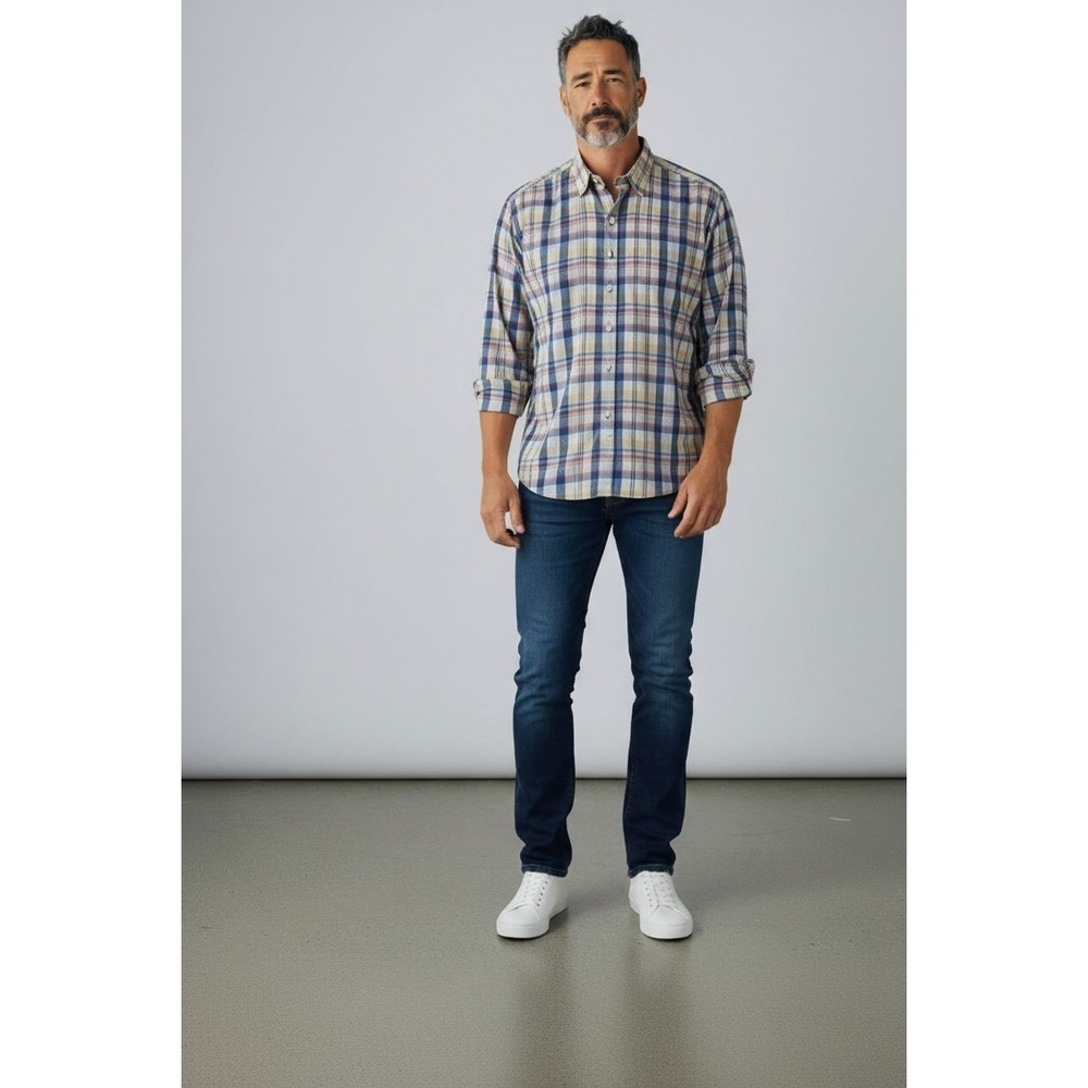 Guideboat Indigo Bleeder Madras Shirt Mens L Plaid Button Down Preppy